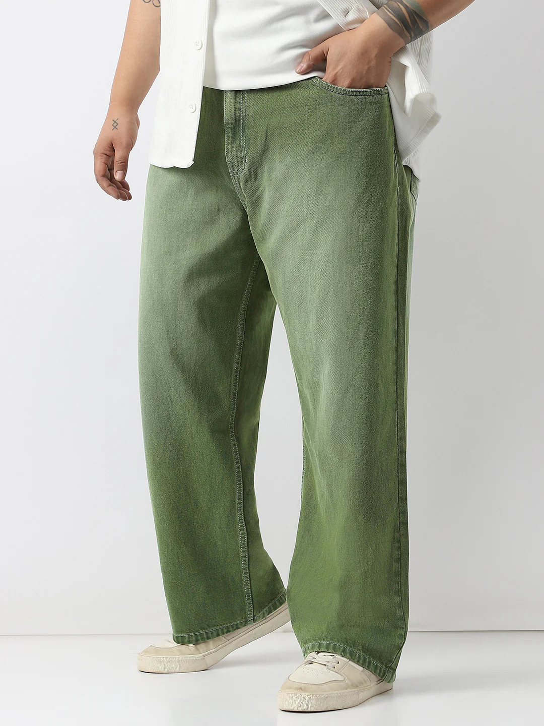 Plus Men's Olive Loose Baggy Fit Washed Jeans Non-Stretchable - Image 2