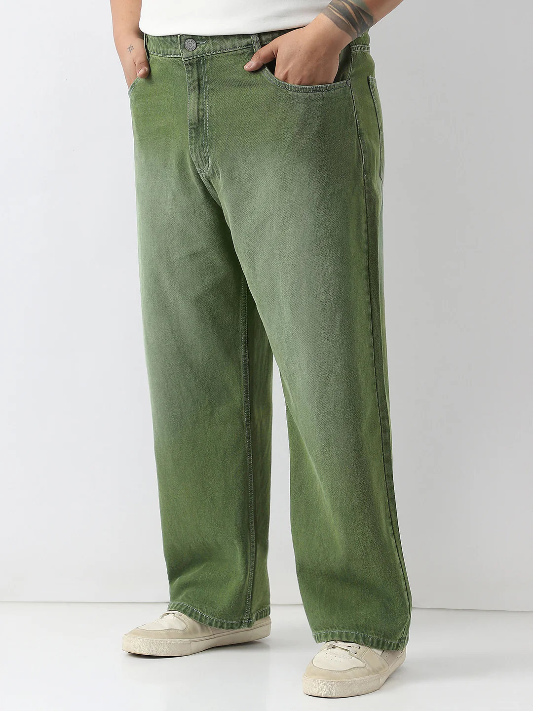 Plus Men's Olive Loose Baggy Fit Washed Jeans Non-Stretchable - Image 3