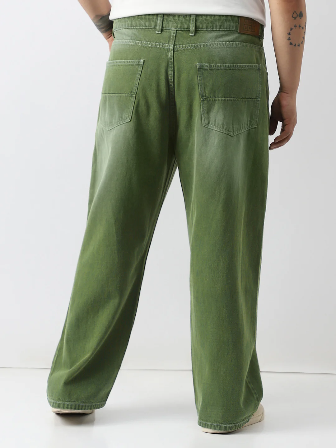 Plus Men's Olive Loose Baggy Fit Washed Jeans Non-Stretchable - Image 4
