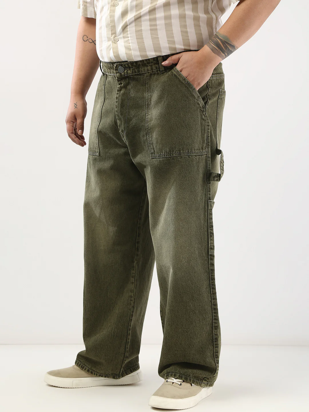 Plus Men's Olive Loose Fit Cargo Carpenter Jeans With 6 Pockets Non-Stretchable - Image 2