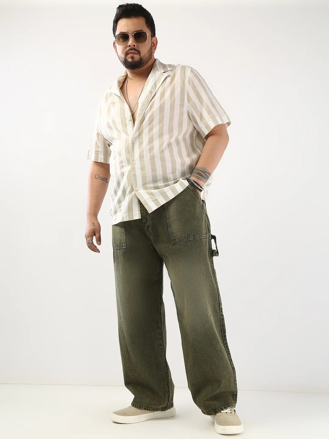 Plus Men's Olive Loose Fit Cargo Carpenter Jeans With 6 Pockets Non-Stretchable - Image 4