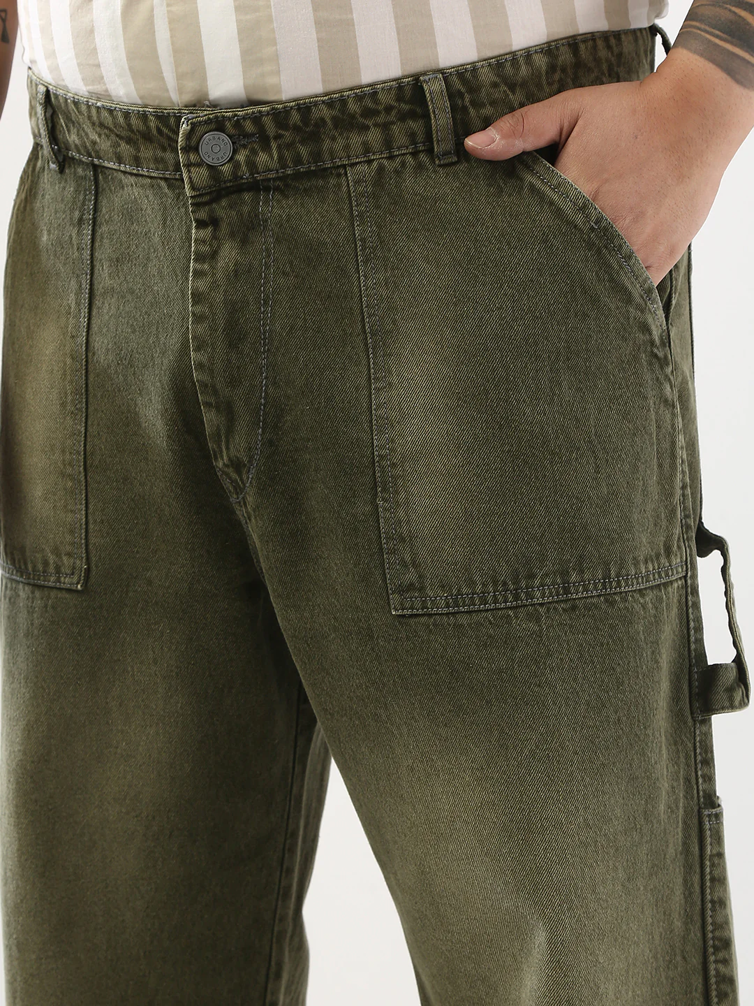 Plus Men's Olive Loose Fit Cargo Carpenter Jeans With 6 Pockets Non-Stretchable - Image 5