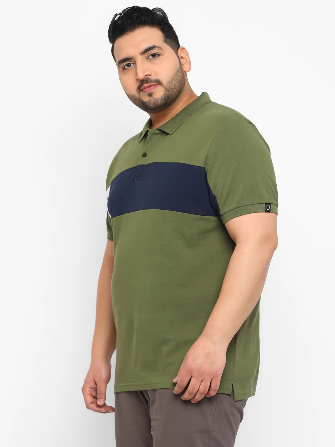 Plus Men's Olive, Navy Blue, White Colour-Block Regular Fit Half Sleeve Cotton Polo T-Shirt - Image 2
