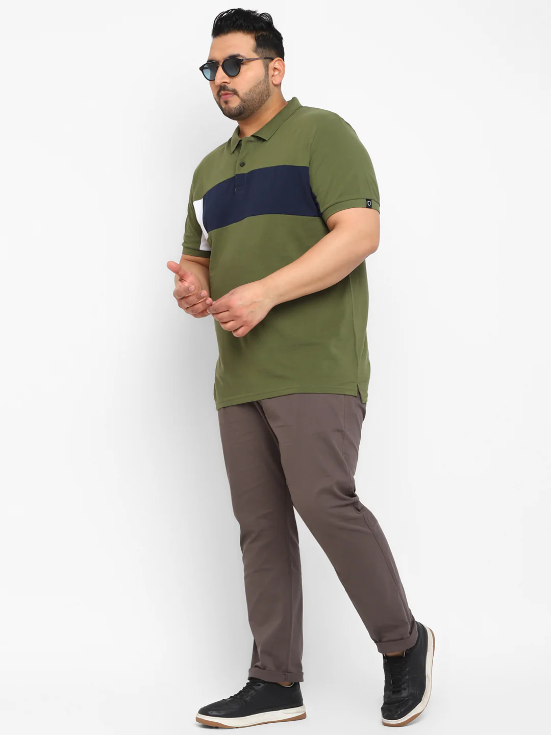 Plus Men's Olive, Navy Blue, White Colour-Block Regular Fit Half Sleeve Cotton Polo T-Shirt - Image 4