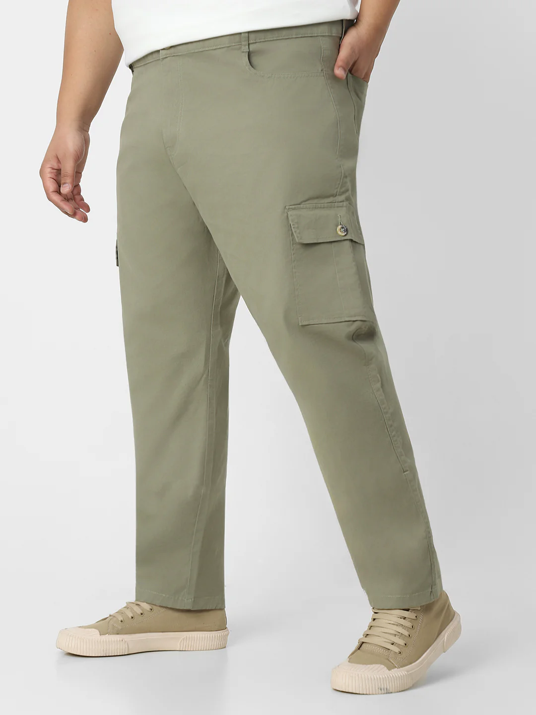 Plus Men's Olive Regular Fit Solid Cargo Chino Pant with 6 Pockets Stretchable - Image 2