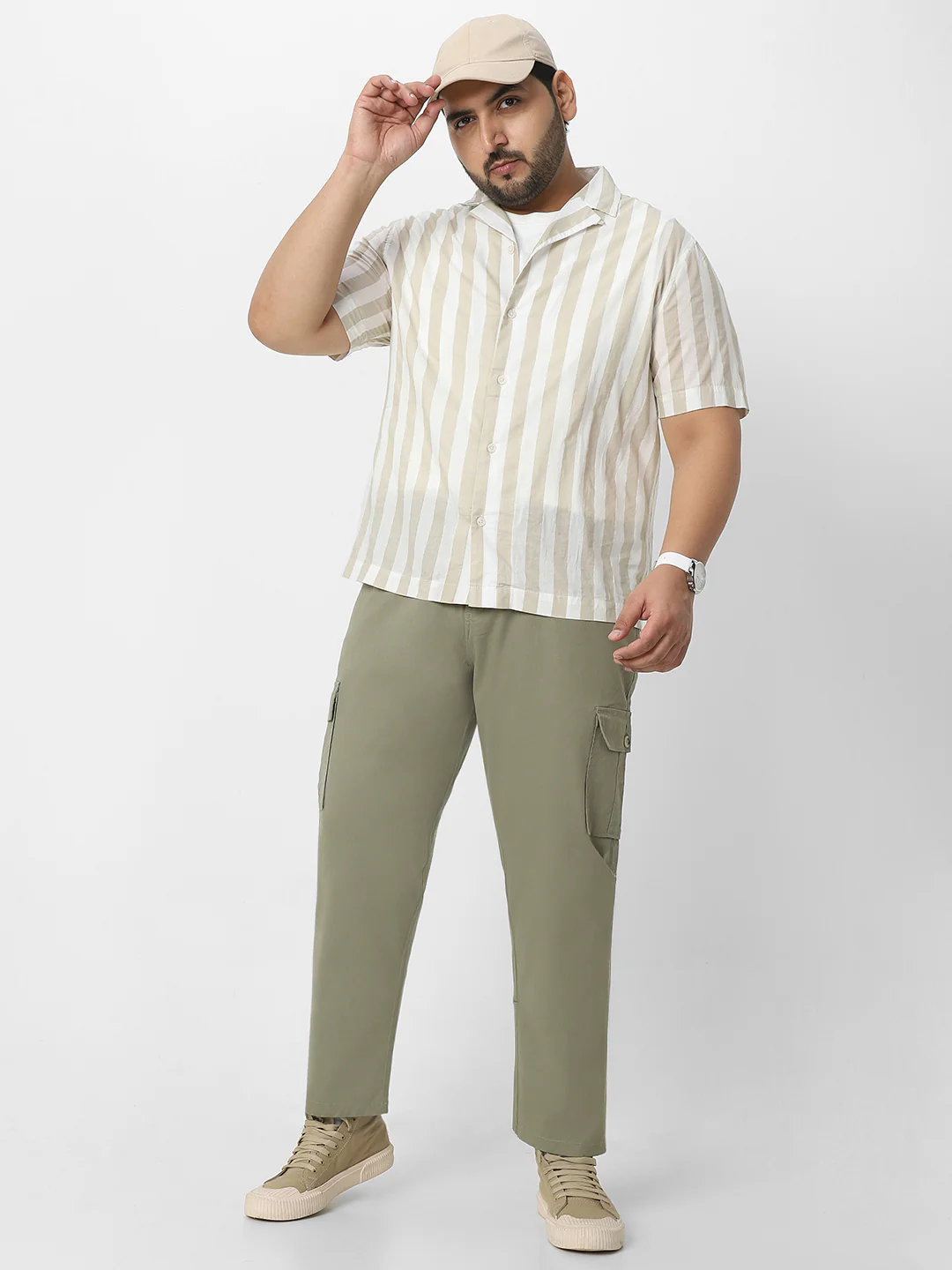 Plus Men's Olive Regular Fit Solid Cargo Chino Pant with 6 Pockets Stretchable - Image 4