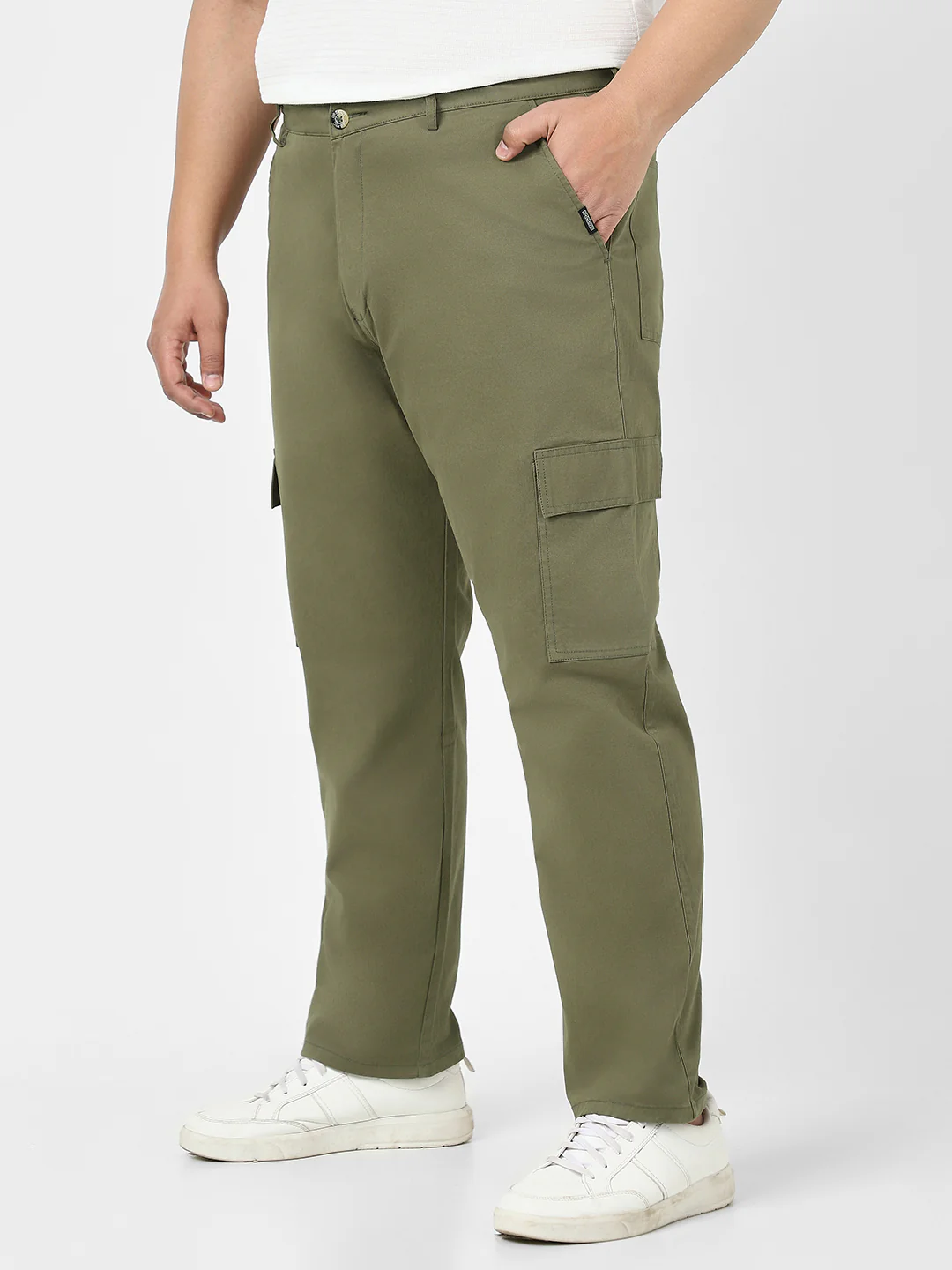 Plus Men's Olive Regular Fit Solid Cargo Chino Pant with 6 Pockets Stretchable - Image 2