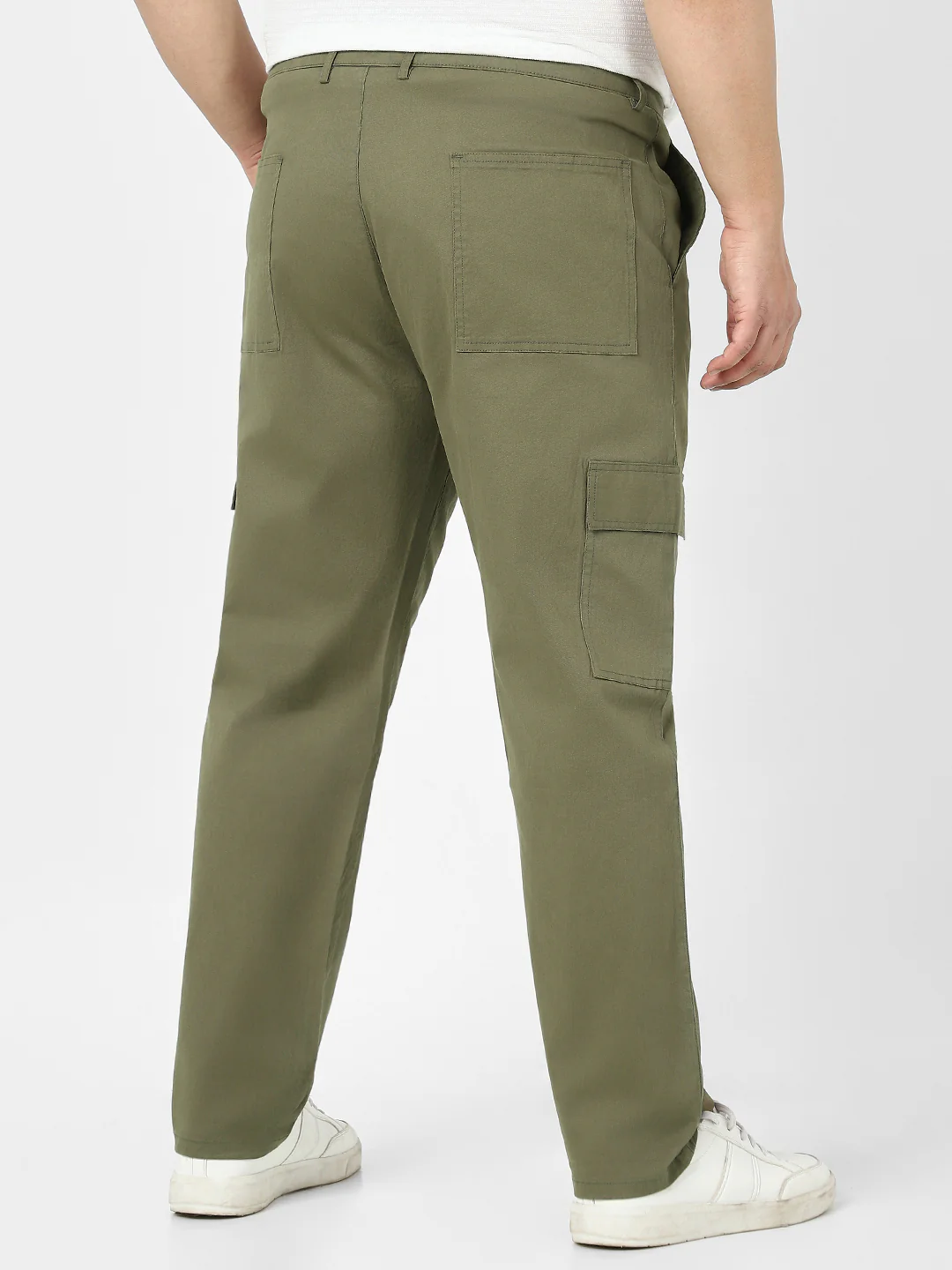 Plus Men's Olive Regular Fit Solid Cargo Chino Pant with 6 Pockets Stretchable - Image 3