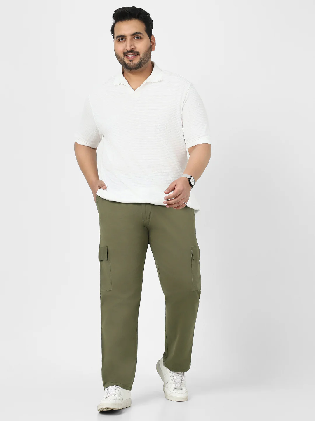 Plus Men's Olive Regular Fit Solid Cargo Chino Pant with 6 Pockets Stretchable - Image 4