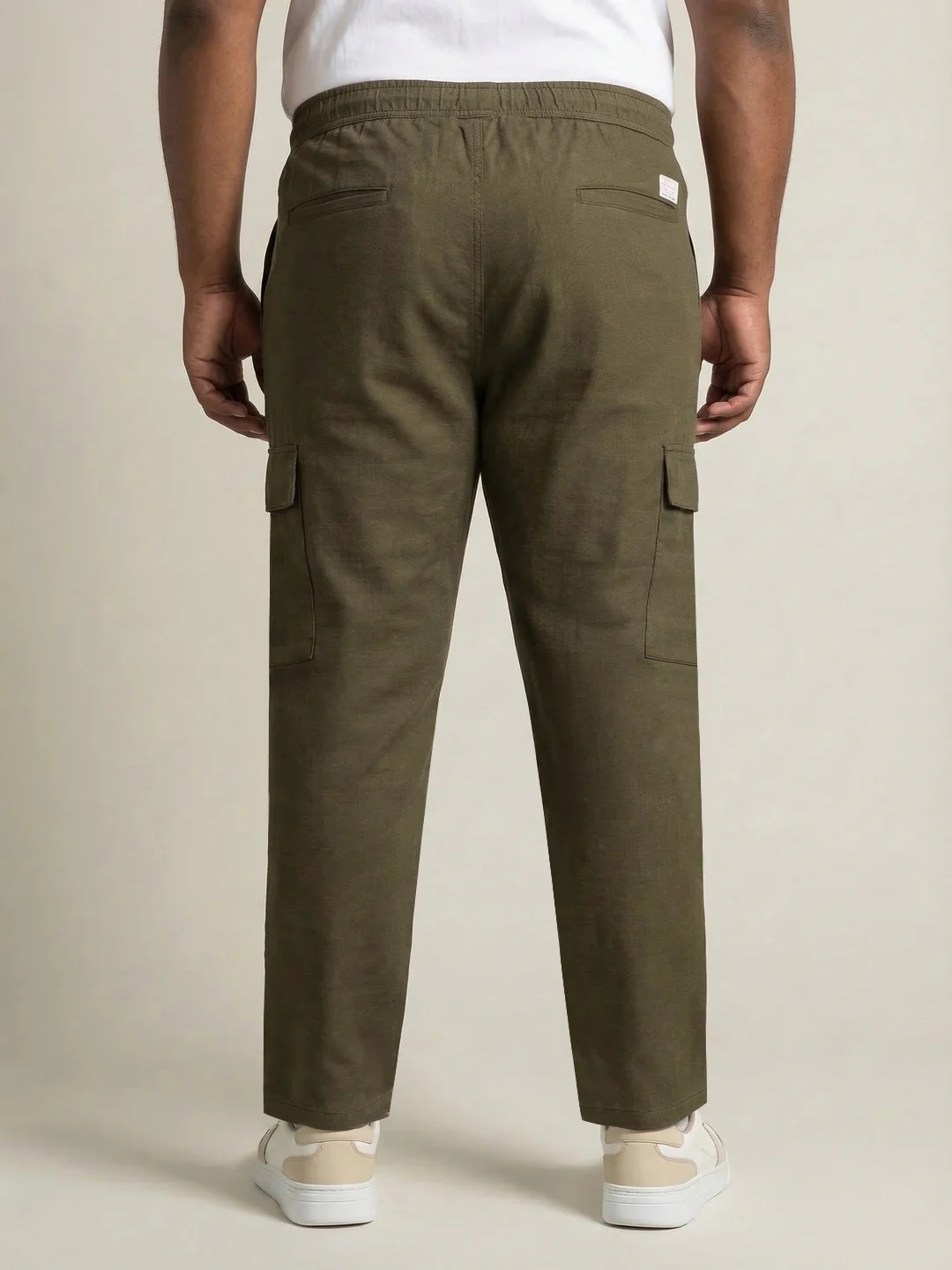 Plus Men's Olive Straight Fit Linen Cargo Pants with 6 Pockets - Image 3