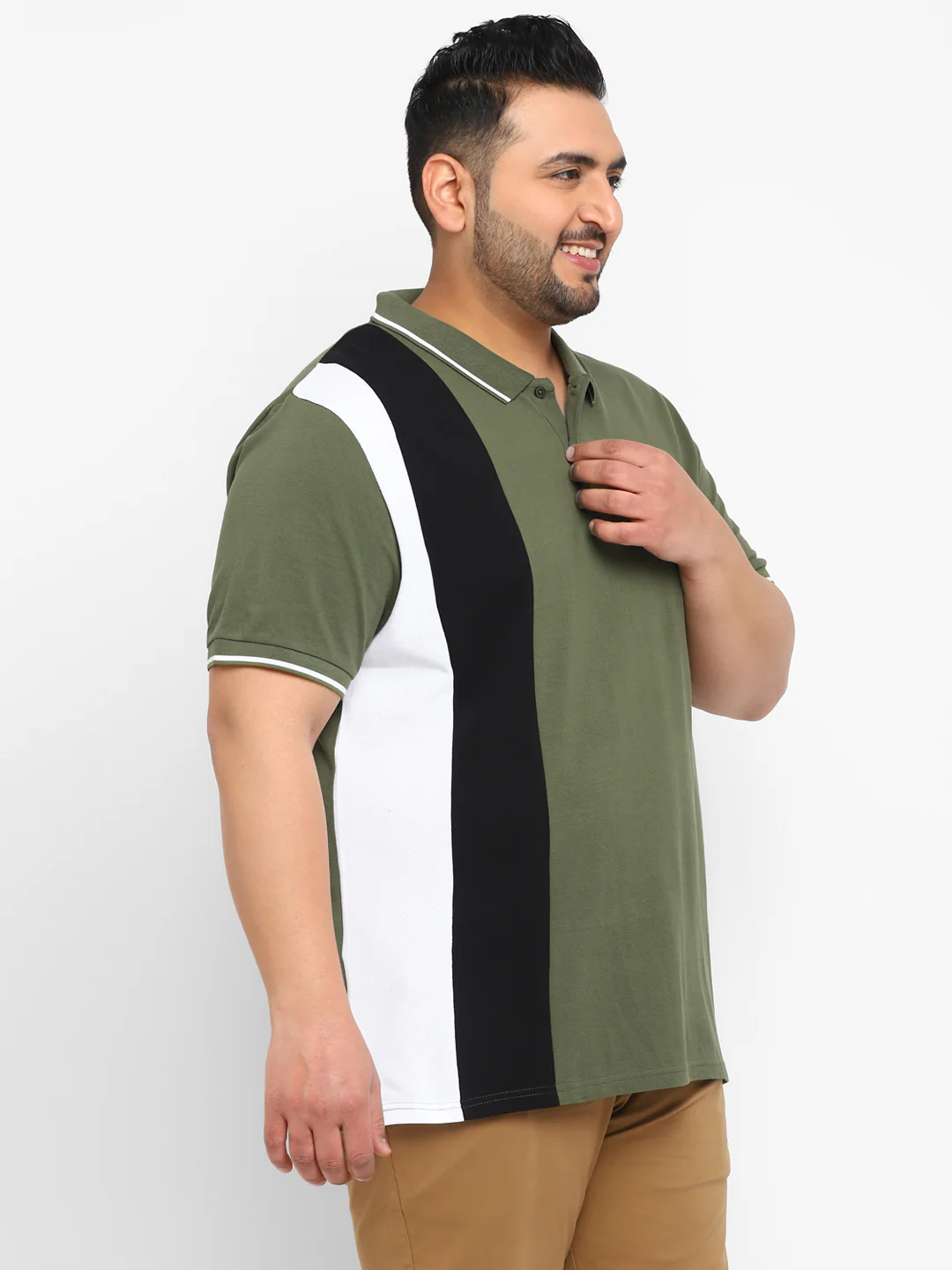 Plus Men's Olive, White, Black Colour-Block Regular Fit Half Sleeve Cotton Polo T-Shirt - Image 2