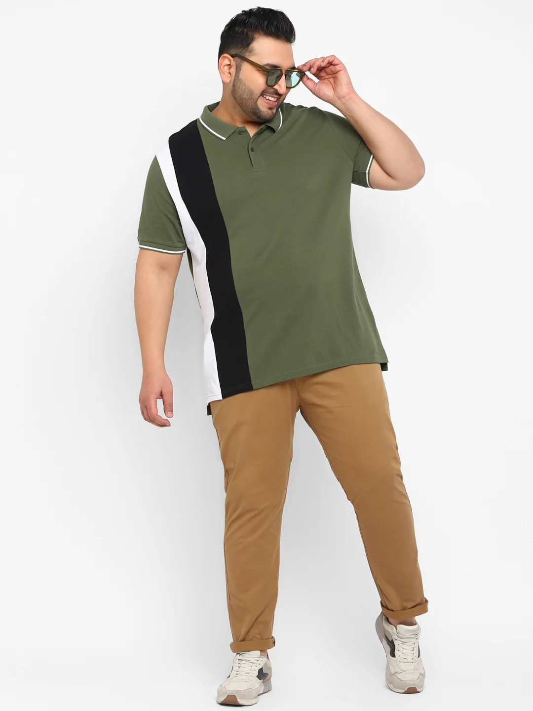 Plus Men's Olive, White, Black Colour-Block Regular Fit Half Sleeve Cotton Polo T-Shirt - Image 4