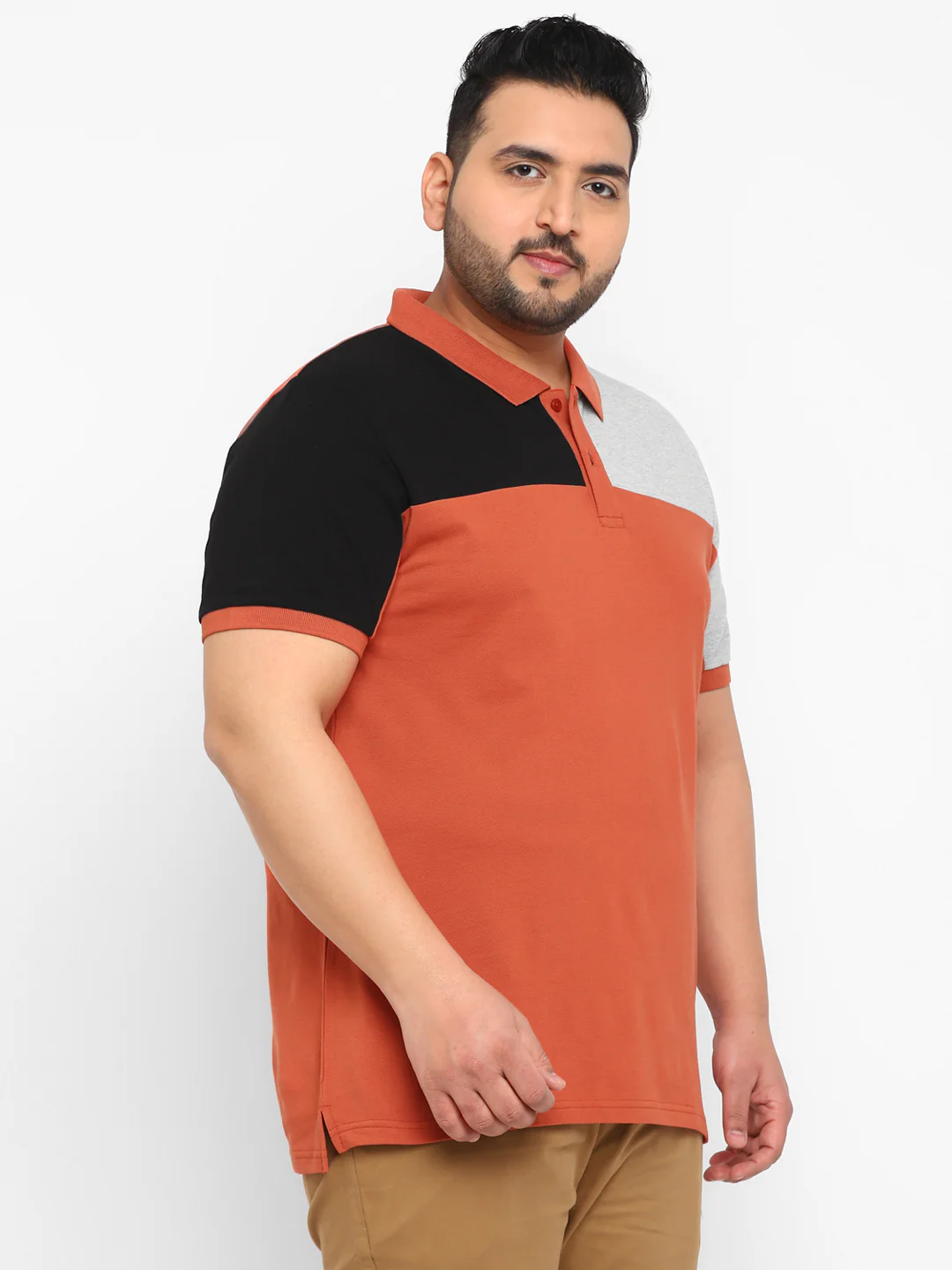 Plus Men's Orange, Black, Grey Melenge Colour-Block Regular Fit Half Sleeve Cotton Polo T-Shirt - Image 2