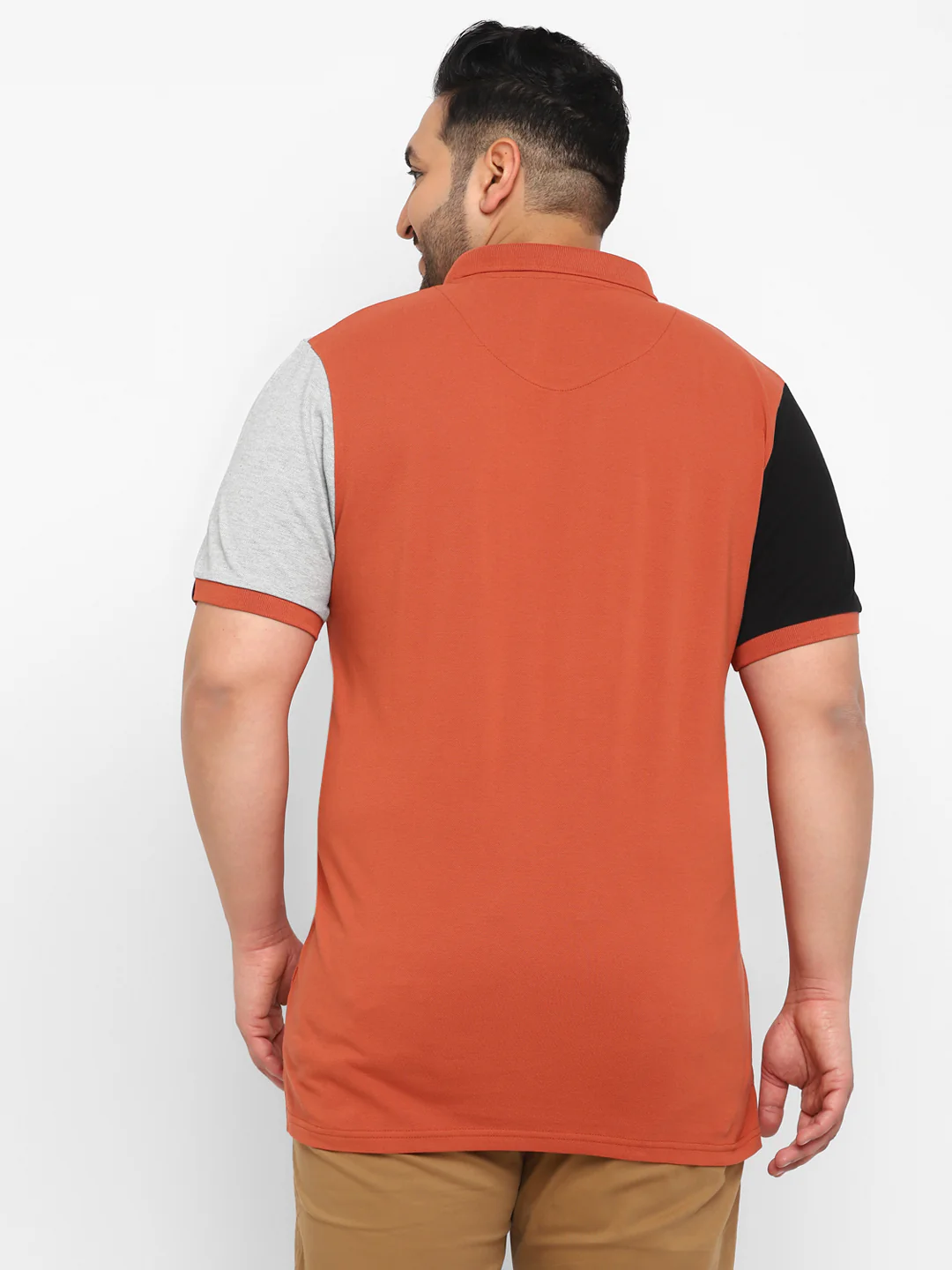 Plus Men's Orange, Black, Grey Melenge Colour-Block Regular Fit Half Sleeve Cotton Polo T-Shirt - Image 3