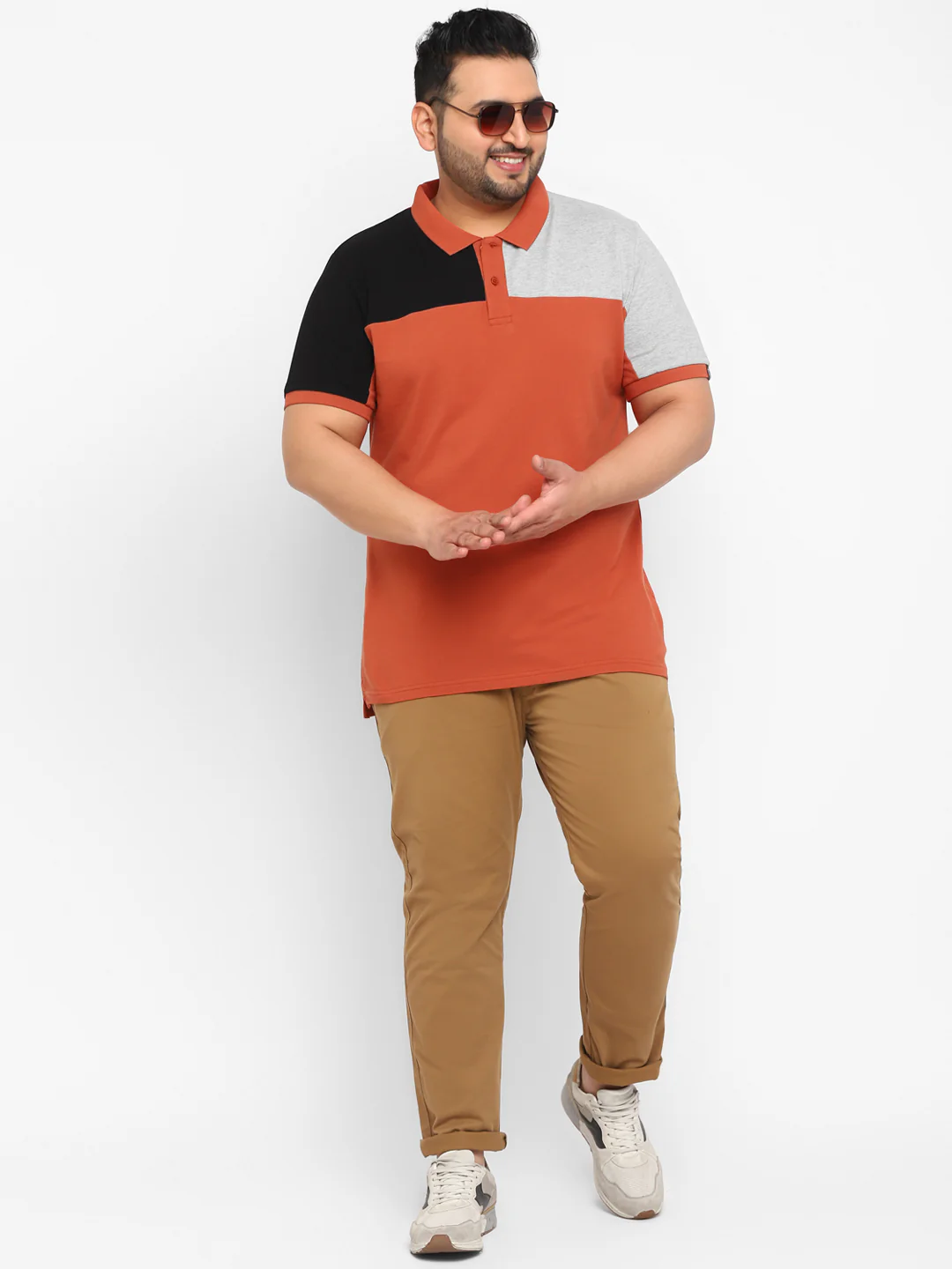 Plus Men's Orange, Black, Grey Melenge Colour-Block Regular Fit Half Sleeve Cotton Polo T-Shirt - Image 4