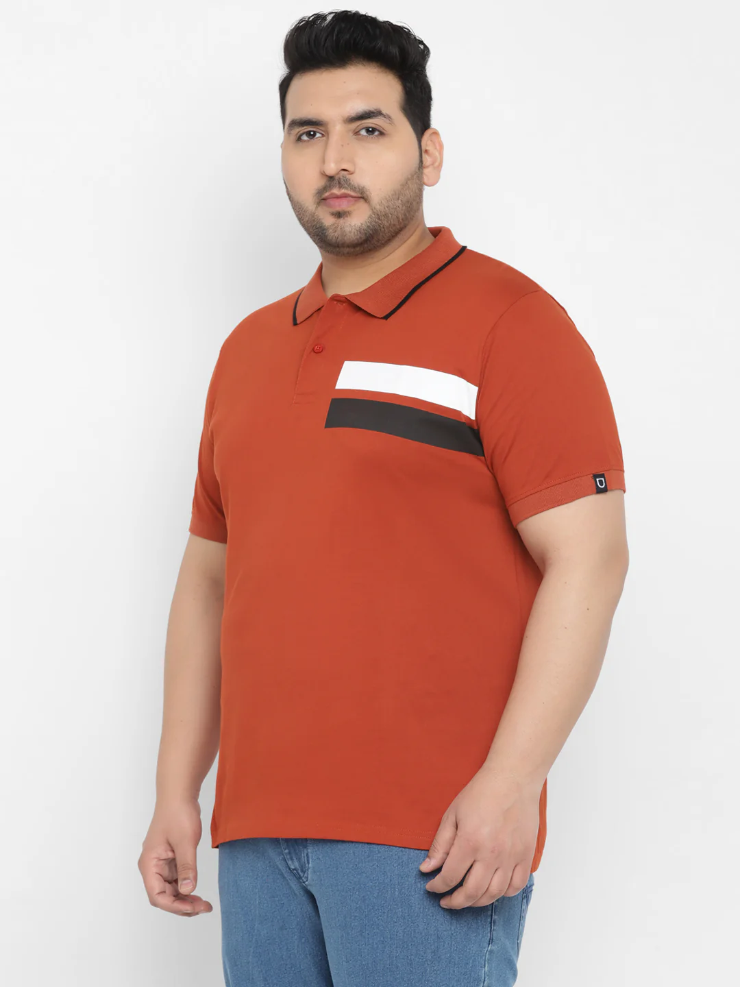 Plus Men's Orange Colour-Block Regular Fit Half Sleeve Cotton Polo T-Shirt - Image 2