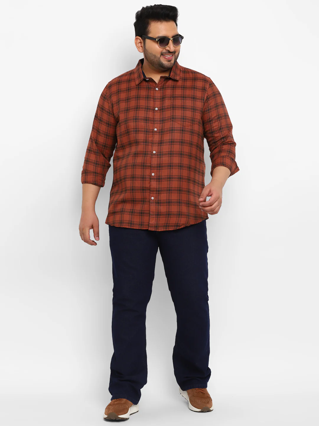 Plus Men's Orange Cotton Full Sleeve Regular Fit Casual Checkered Shirt - Image 4