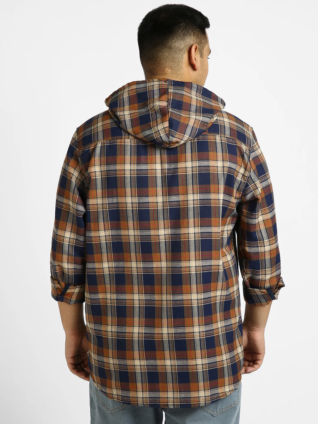 Plus Men's Orange Cotton Full Sleeve Regular Fit Casual Checkered Shirt with Hooded Neck - Image 3