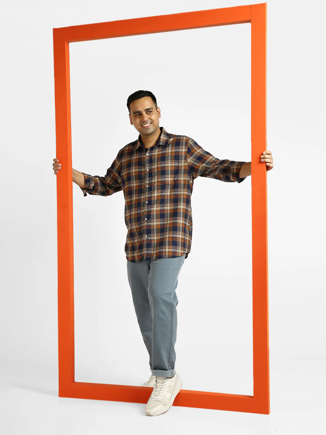 Plus Men's Orange Cotton Full Sleeve Regular Fit Casual Checkered Shirt with Hooded Neck - Image 4