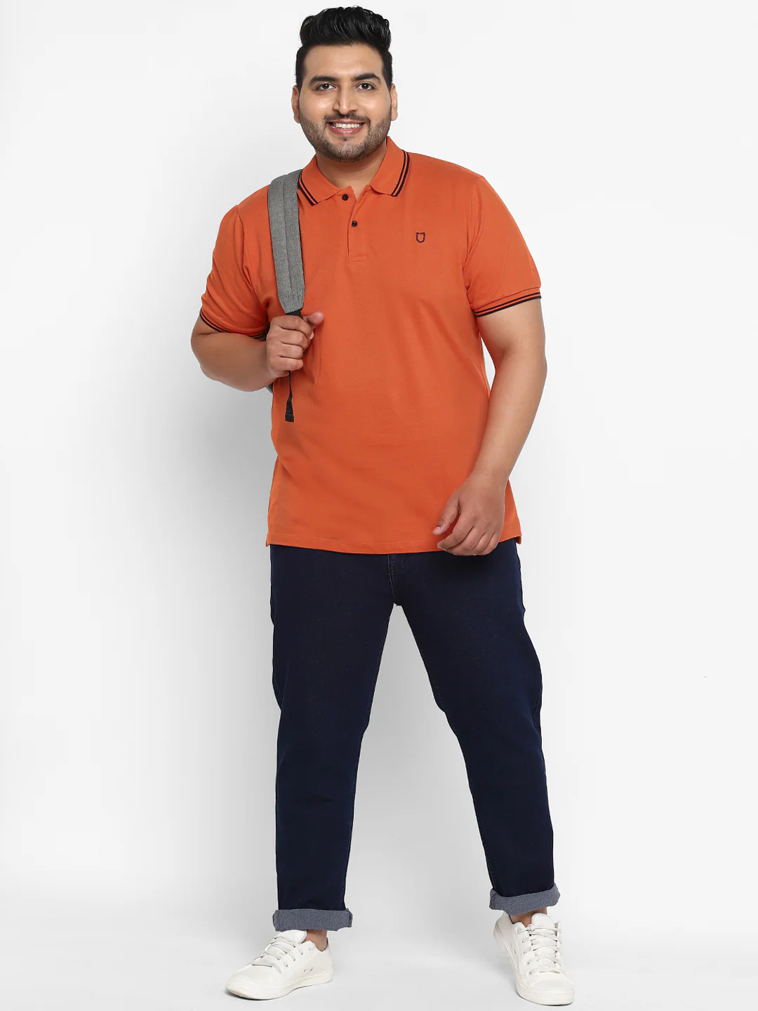 Plus Men's Orange Solid Regular Fit Half Sleeve Cotton Polo T-Shirt - Image 4