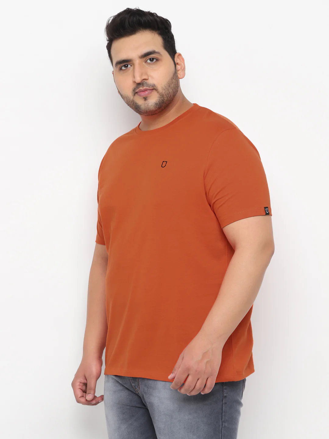 Plus Men's Orange Solid Regular Fit Round Neck Cotton T-Shirt - Image 4