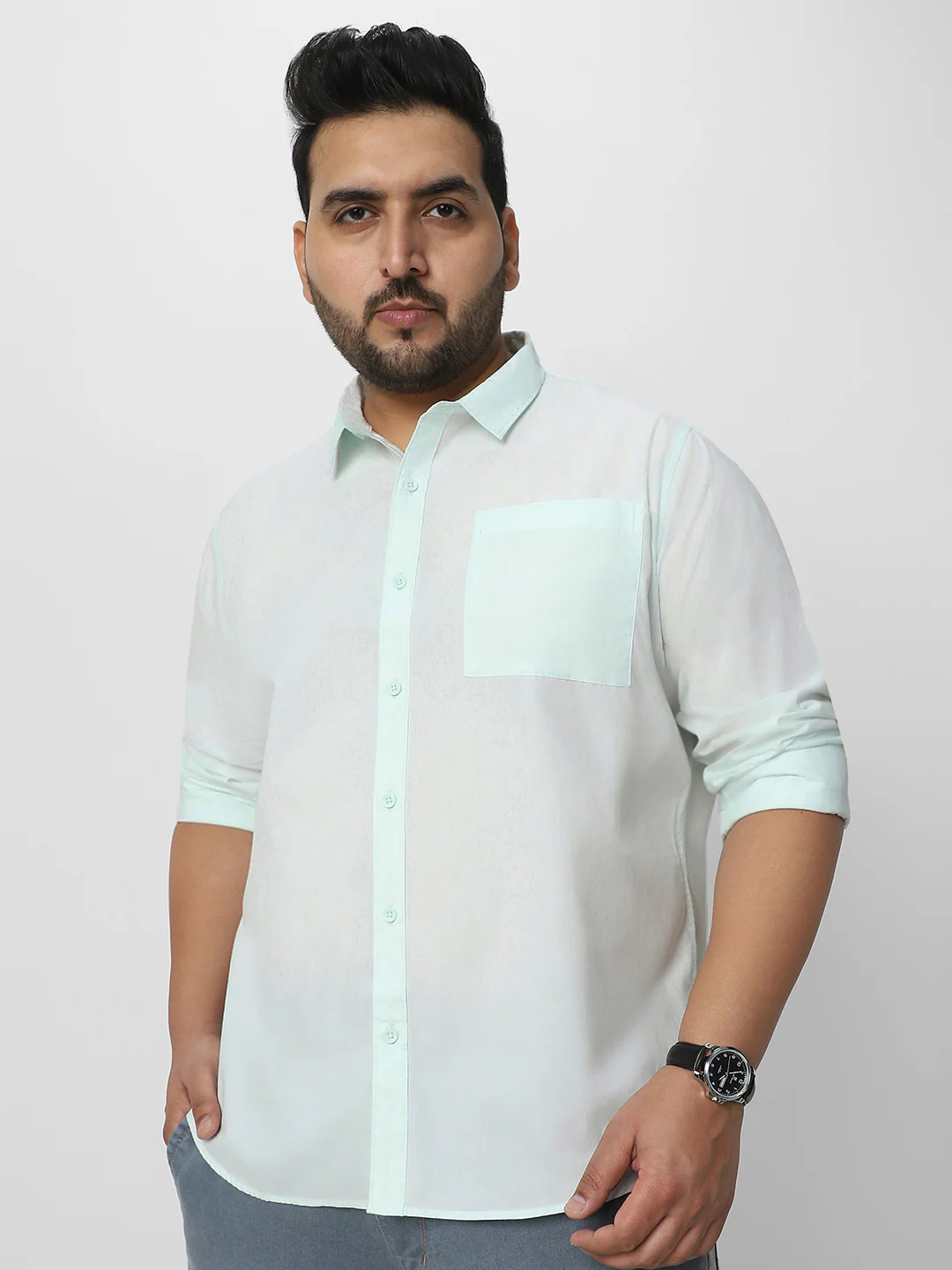 Plus Men's Pastel Blue Cotton Full Sleeve Regular Fit Casual Solid Shirt - Image 2