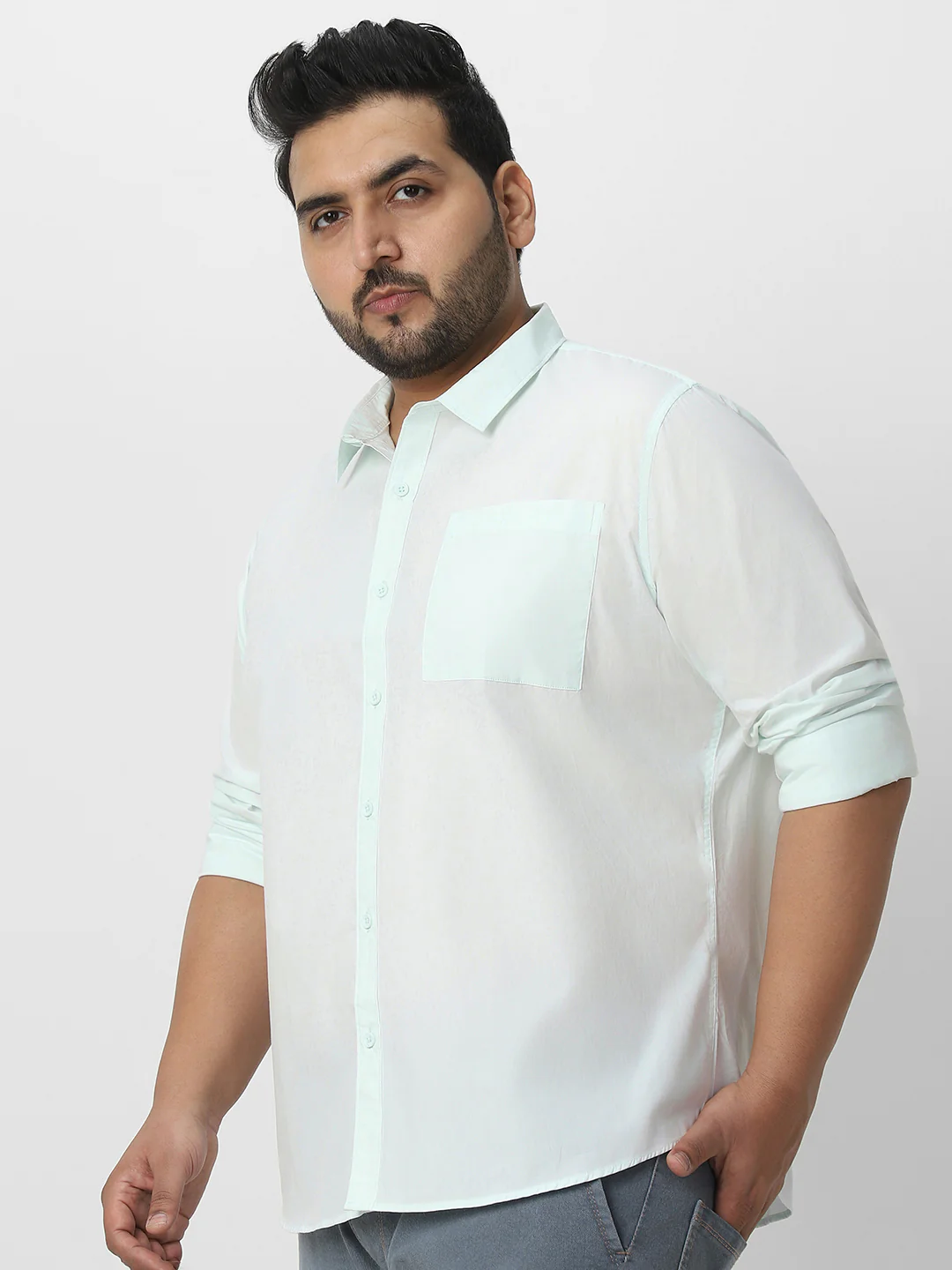 Plus Men's Pastel Blue Cotton Full Sleeve Regular Fit Casual Solid Shirt - Image 3