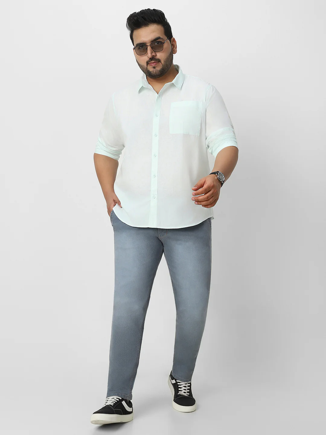 Plus Men's Pastel Blue Cotton Full Sleeve Regular Fit Casual Solid Shirt - Image 5