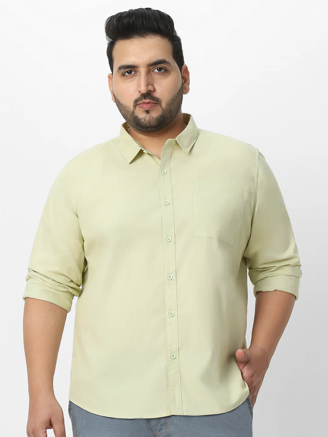 Plus Men's Pastel Green Cotton Full Sleeve Regular Fit Casual Solid Shirt - Image 2