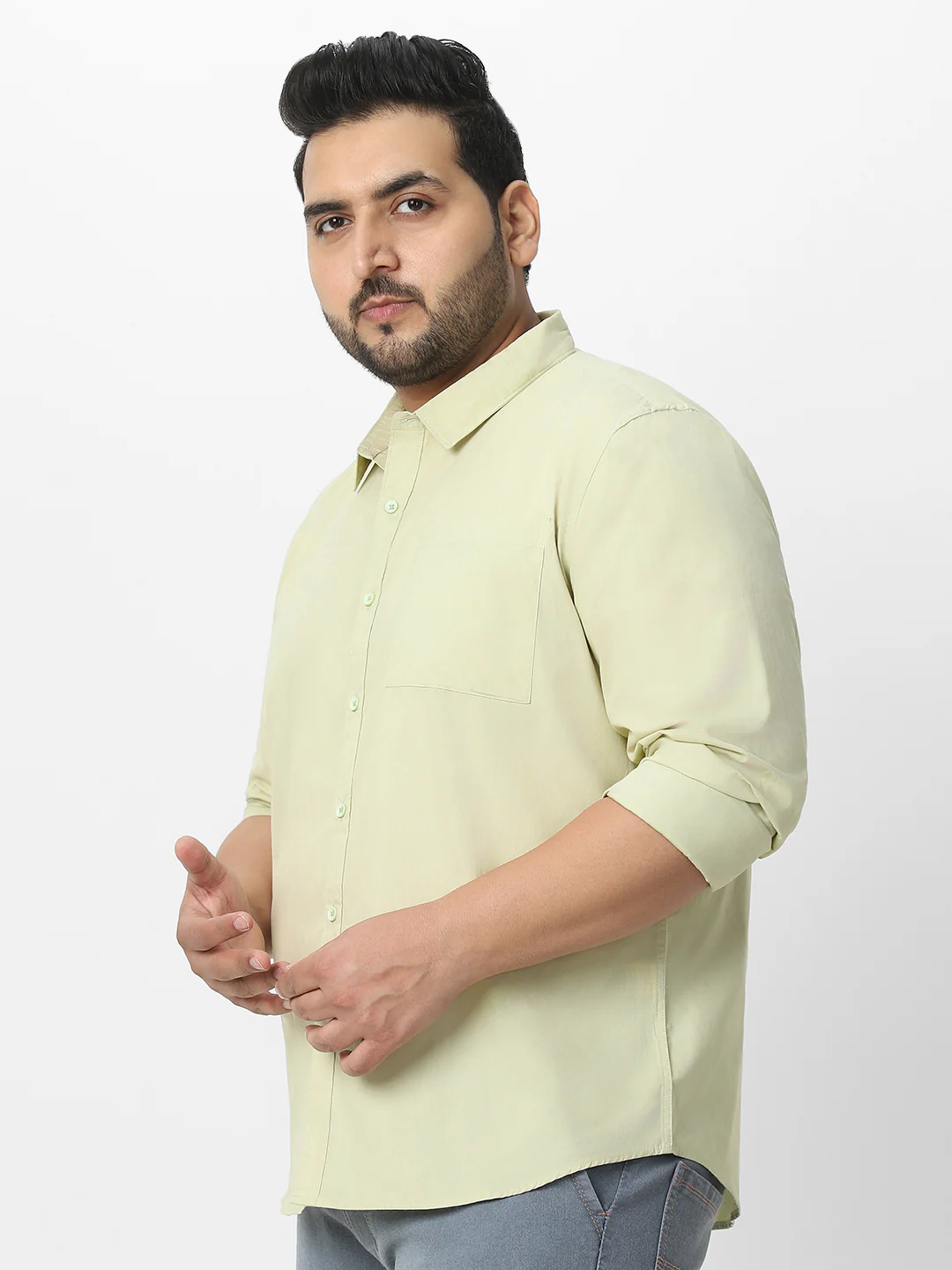 Plus Men's Pastel Green Cotton Full Sleeve Regular Fit Casual Solid Shirt - Image 3