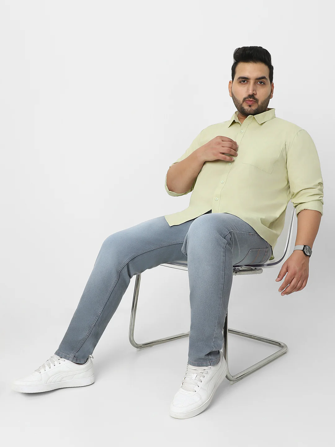 Plus Men's Pastel Green Cotton Full Sleeve Regular Fit Casual Solid Shirt - Image 4