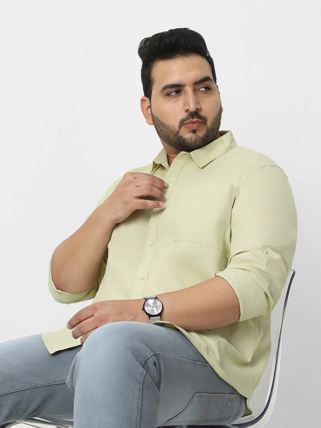 Plus Men's Pastel Green Cotton Full Sleeve Regular Fit Casual Solid Shirt - Image 5