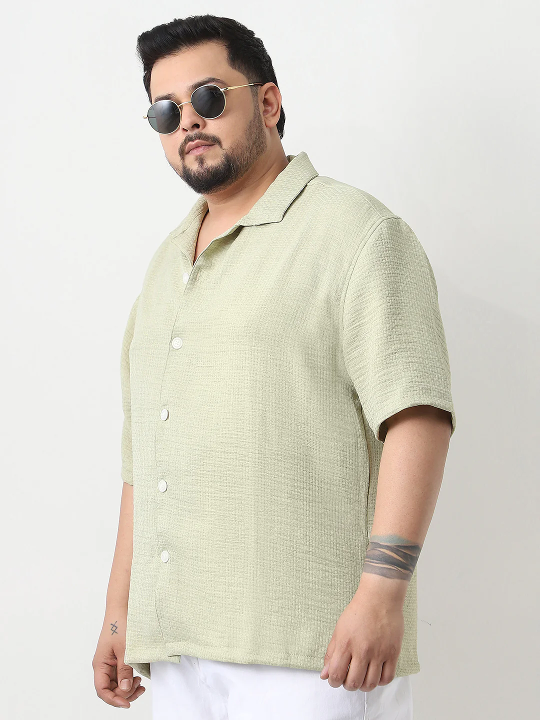 Plus Men's Pastel Olive Cotton Half Sleeve Oversized Fit Textured Shirt with Cuban Collar - Image 2