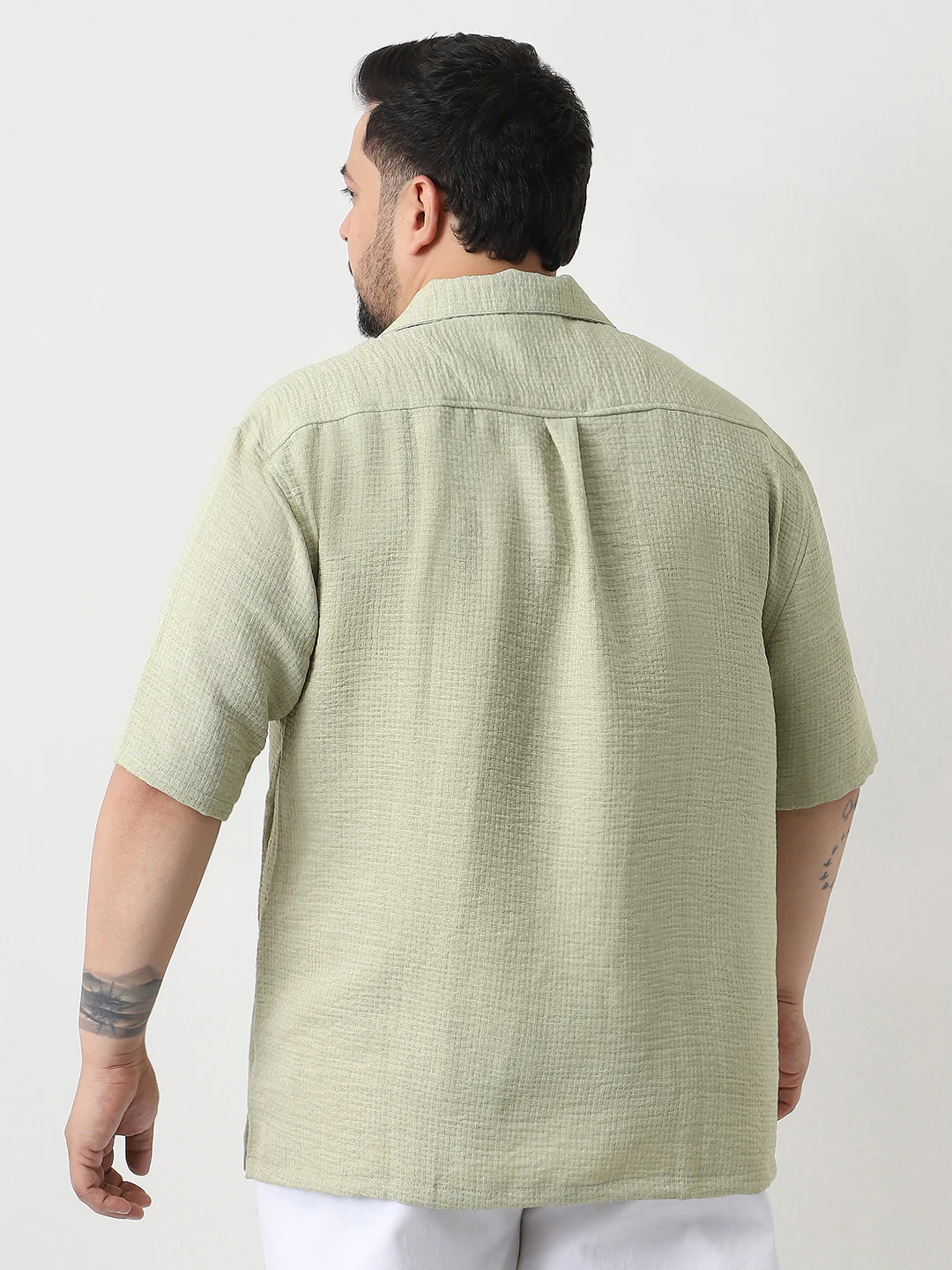 Plus Men's Pastel Olive Cotton Half Sleeve Oversized Fit Textured Shirt with Cuban Collar - Image 3