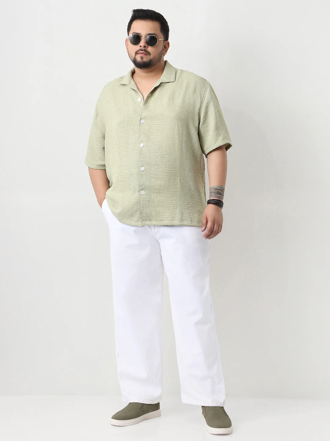 Plus Men's Pastel Olive Cotton Half Sleeve Oversized Fit Textured Shirt with Cuban Collar - Image 4