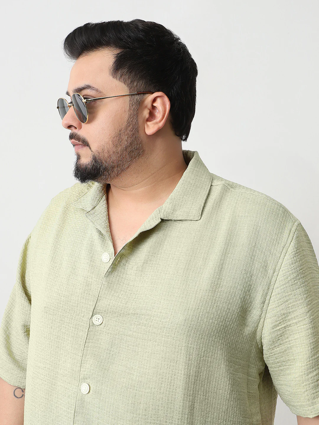 Plus Men's Pastel Olive Cotton Half Sleeve Oversized Fit Textured Shirt with Cuban Collar - Image 5