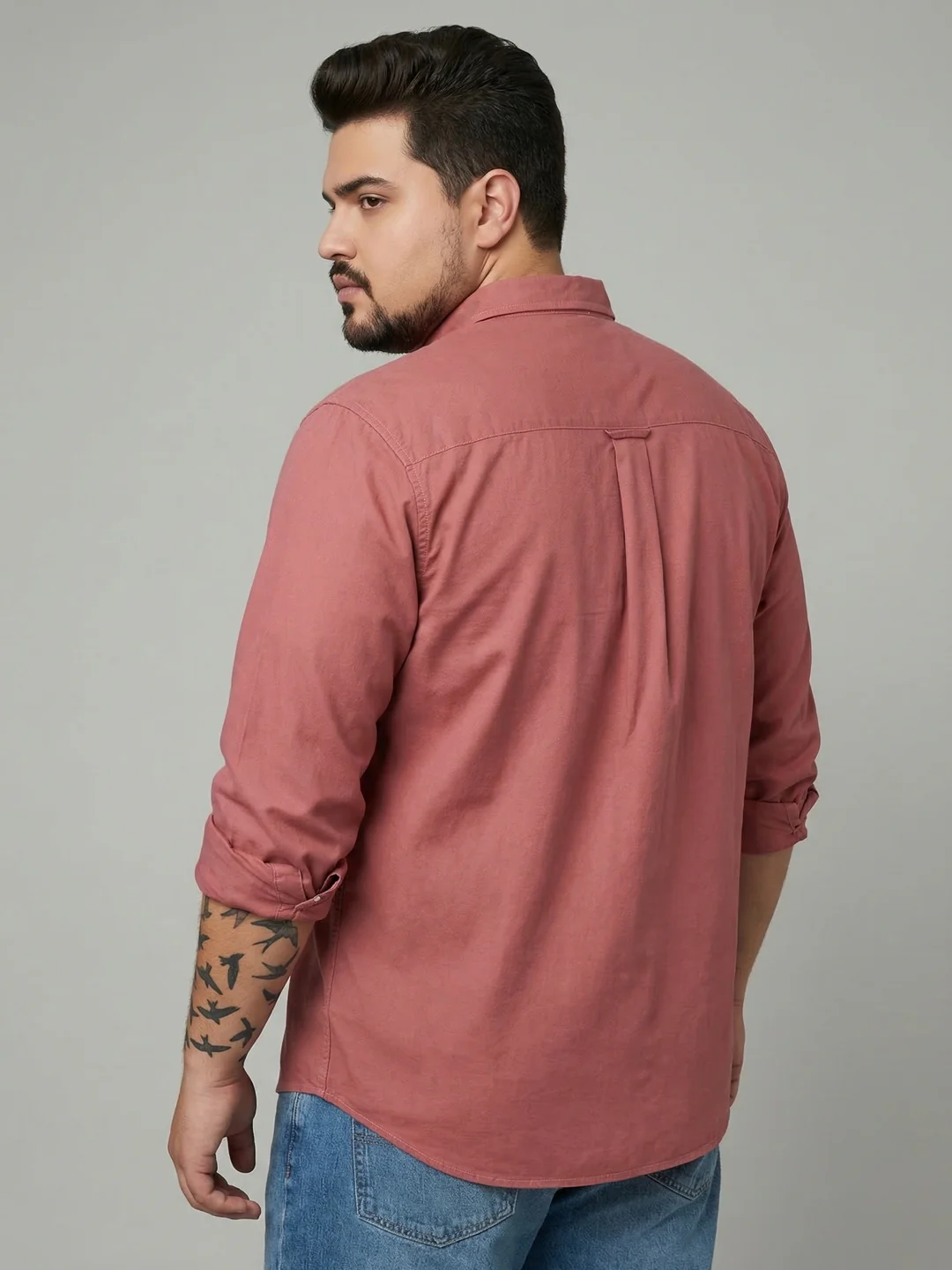 Plus Men's Peach Cotton Full Sleeve Regular Fit Solid Oxford Shirt With Button-Down Collar - Image 3