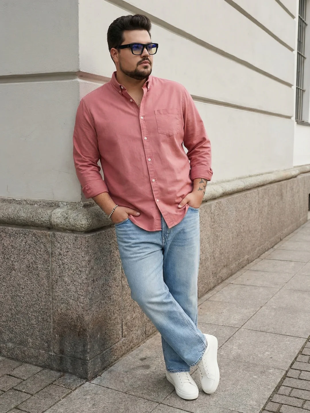 Plus Men's Peach Cotton Full Sleeve Regular Fit Solid Oxford Shirt With Button-Down Collar - Image 4