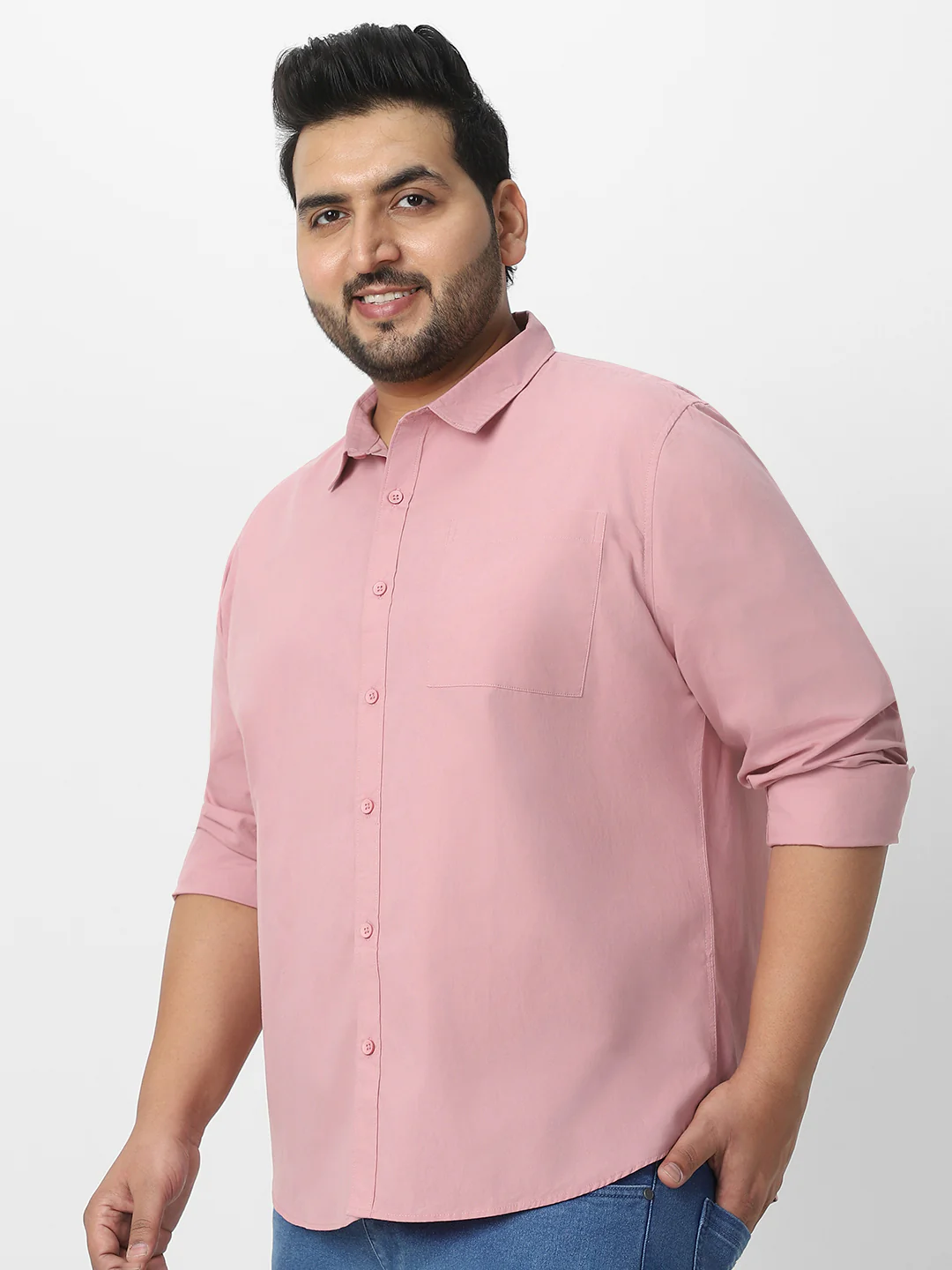 Plus Men's Pink Cotton Full Sleeve Regular Fit Casual Solid Shirt - Image 3