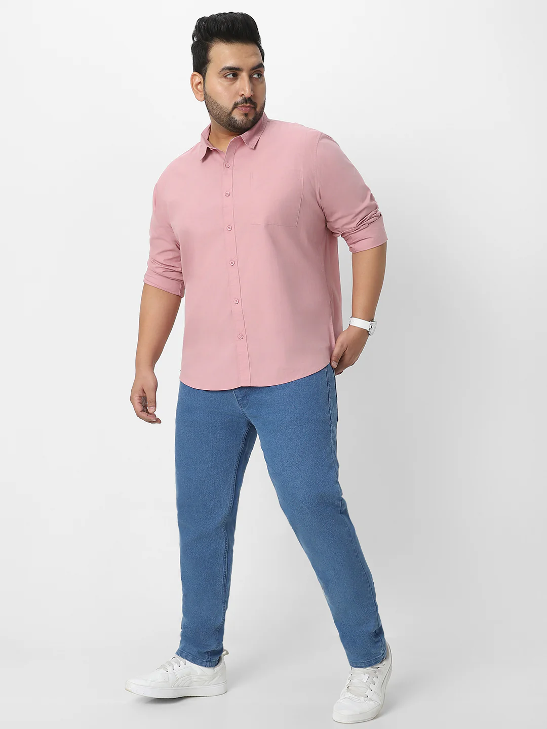 Plus Men's Pink Cotton Full Sleeve Regular Fit Casual Solid Shirt - Image 5