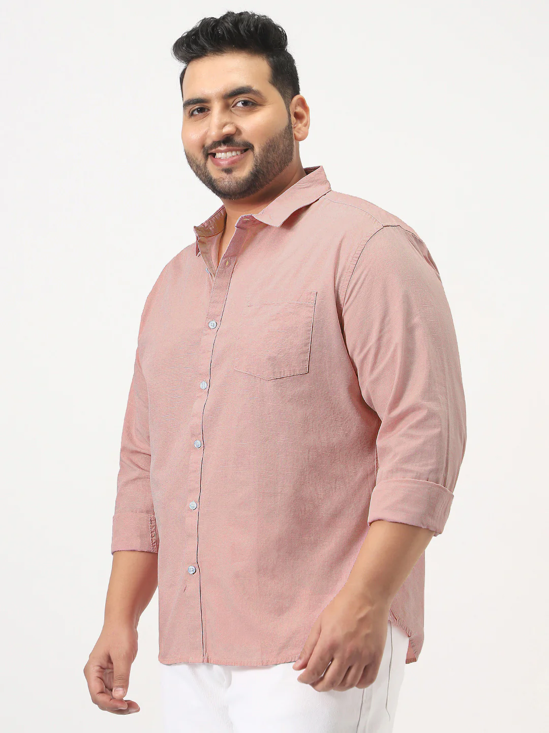 Plus Men's Pink Cotton Full Sleeve Regular Fit Casual Solid Slub Shirt with Spread Collar - Image 2
