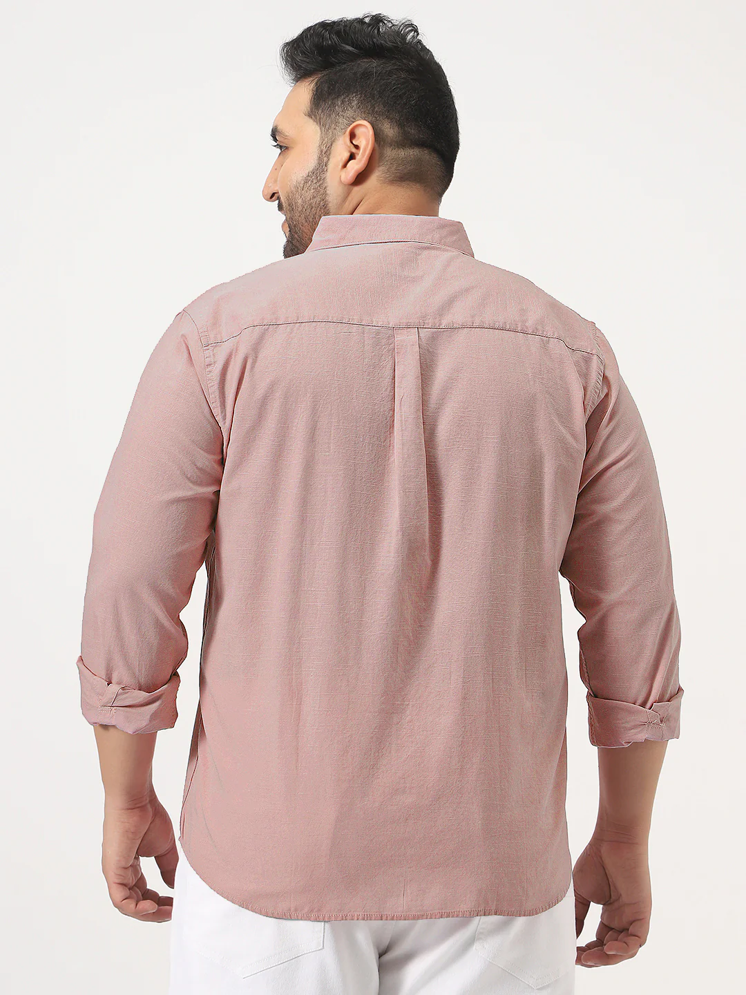 Plus Men's Pink Cotton Full Sleeve Regular Fit Casual Solid Slub Shirt with Spread Collar - Image 3