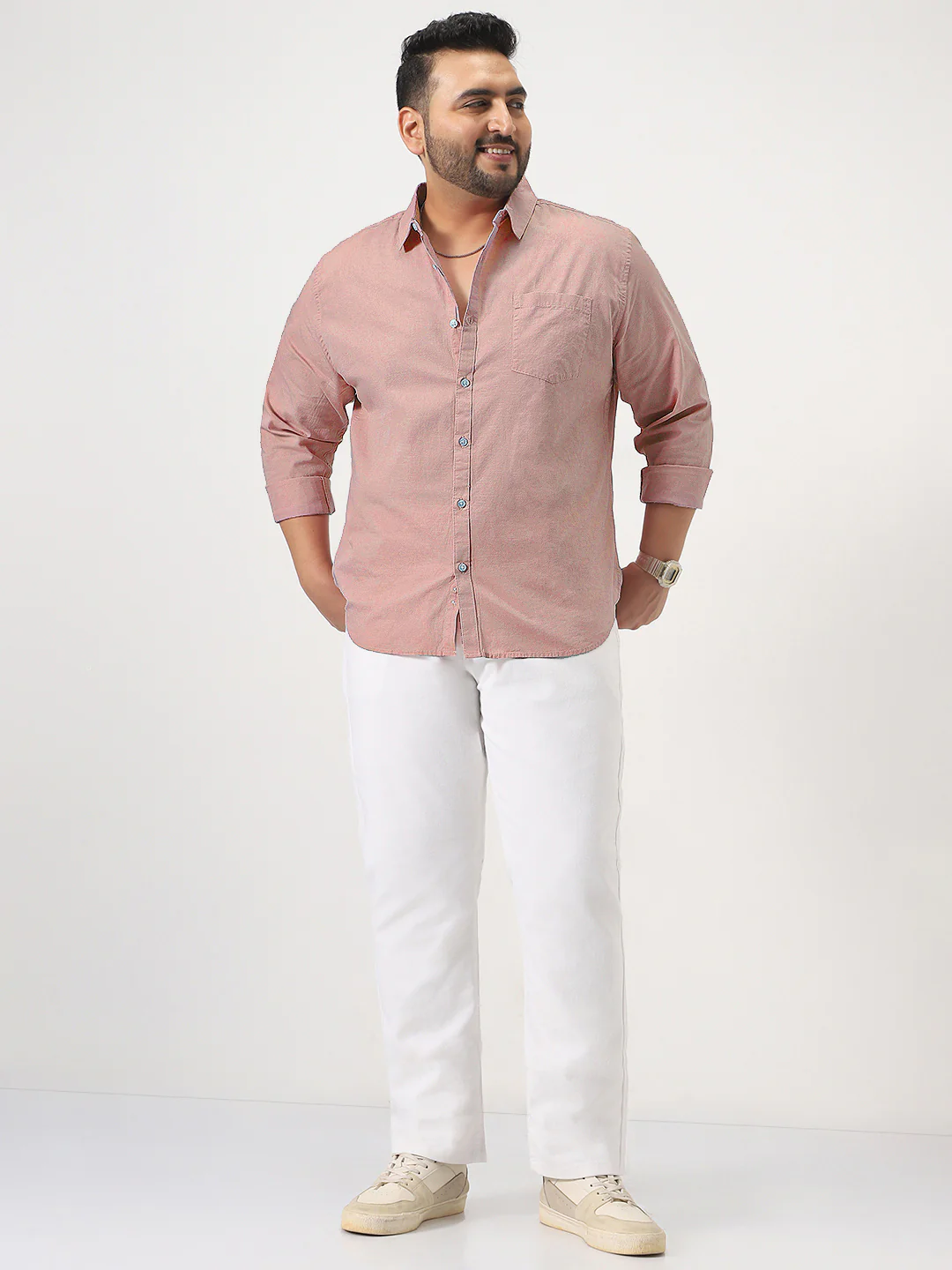 Plus Men's Pink Cotton Full Sleeve Regular Fit Casual Solid Slub Shirt with Spread Collar - Image 4