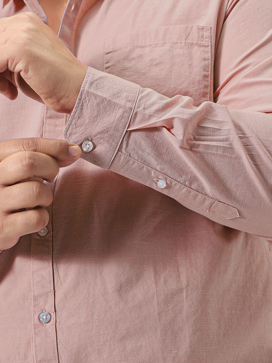 Plus Men's Pink Cotton Full Sleeve Regular Fit Casual Solid Slub Shirt with Spread Collar - Image 6