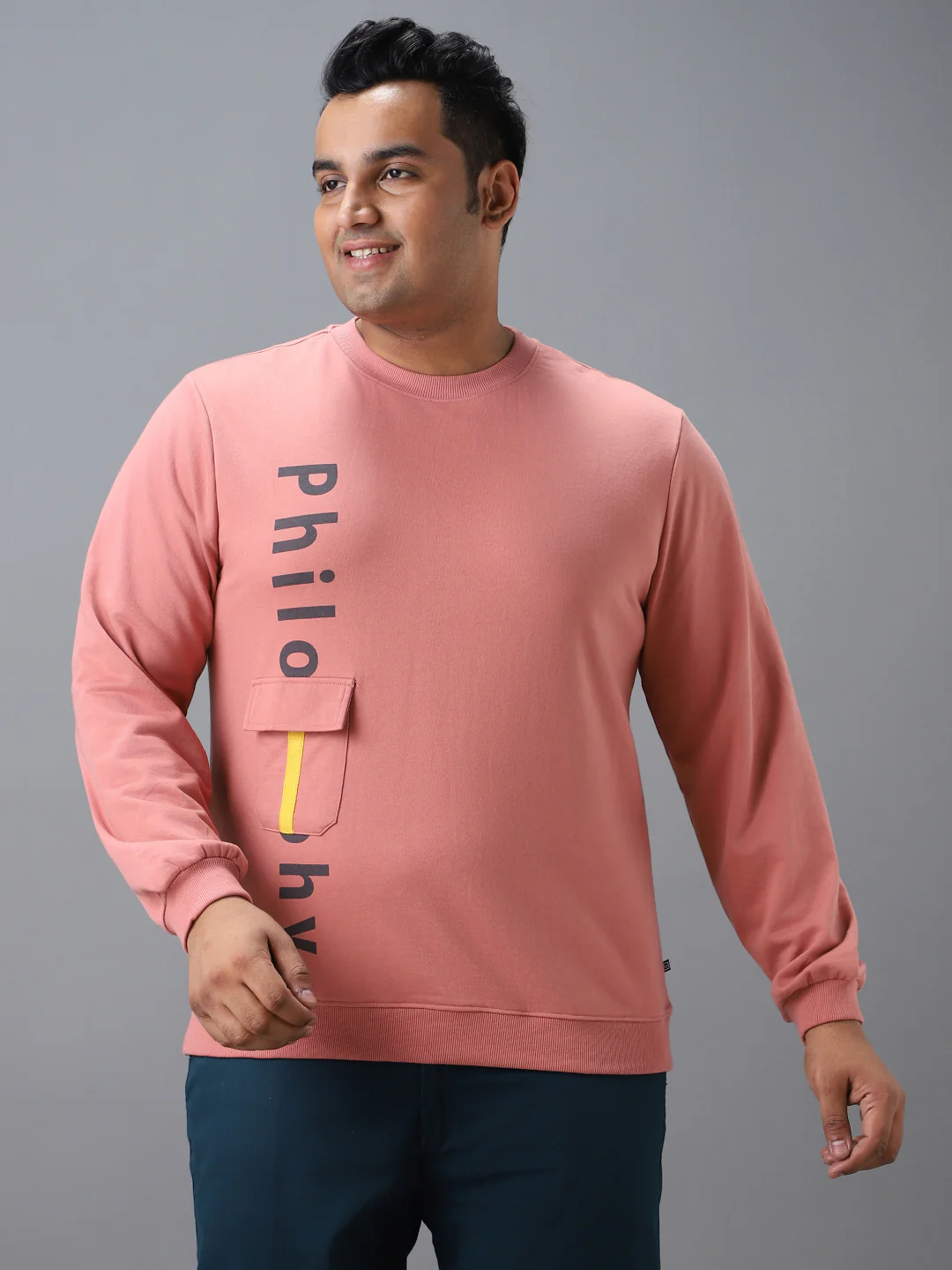 Plus Men's Pink Cotton Graphic Print Round Neck Sweatshirt