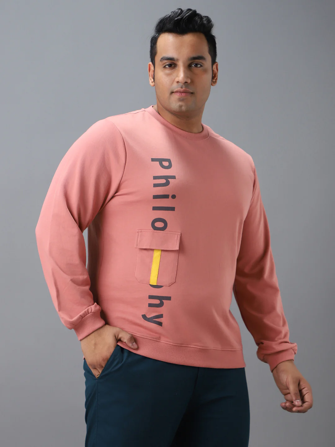 Plus Men's Pink Cotton Graphic Print Round Neck Sweatshirt - Image 2