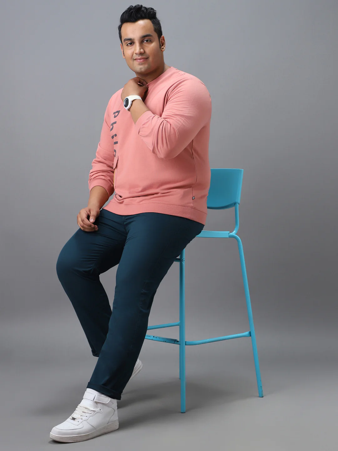 Plus Men's Pink Cotton Graphic Print Round Neck Sweatshirt - Image 4
