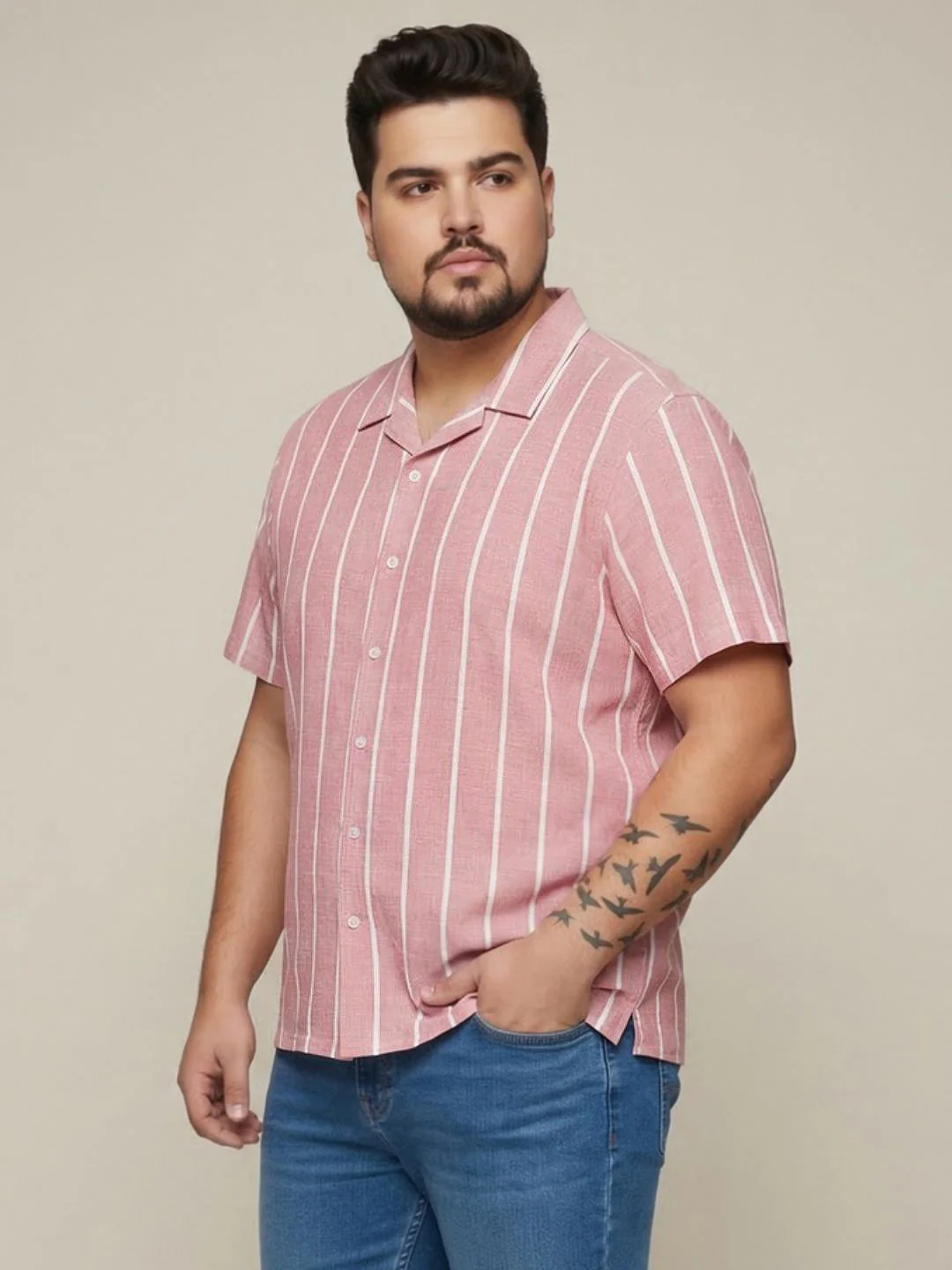 Plus Men's Pink Cotton Half Sleeve Relaxed Fit Linen Striped Shirt with Cuban Collar - Image 2