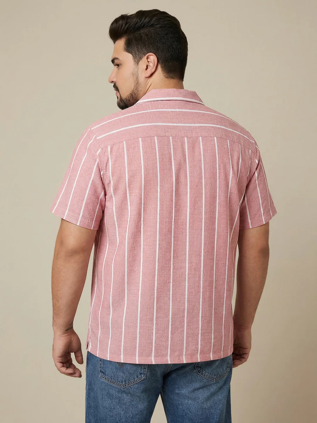 Plus Men's Pink Cotton Half Sleeve Relaxed Fit Linen Striped Shirt with Cuban Collar - Image 3