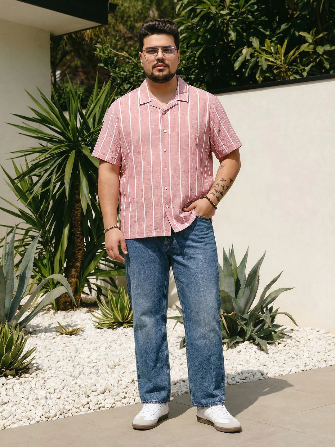 Plus Men's Pink Cotton Half Sleeve Relaxed Fit Linen Striped Shirt with Cuban Collar - Image 4